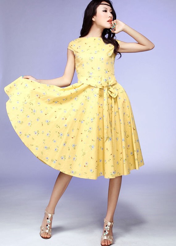 Items similar to Midi yellow flower linen dress (543) on Etsy