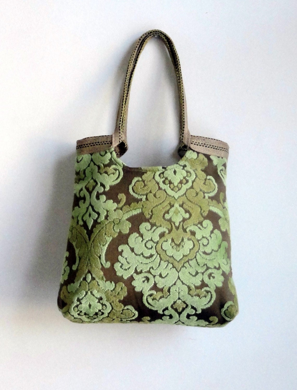 Green damask tapestry tote bag with burlap