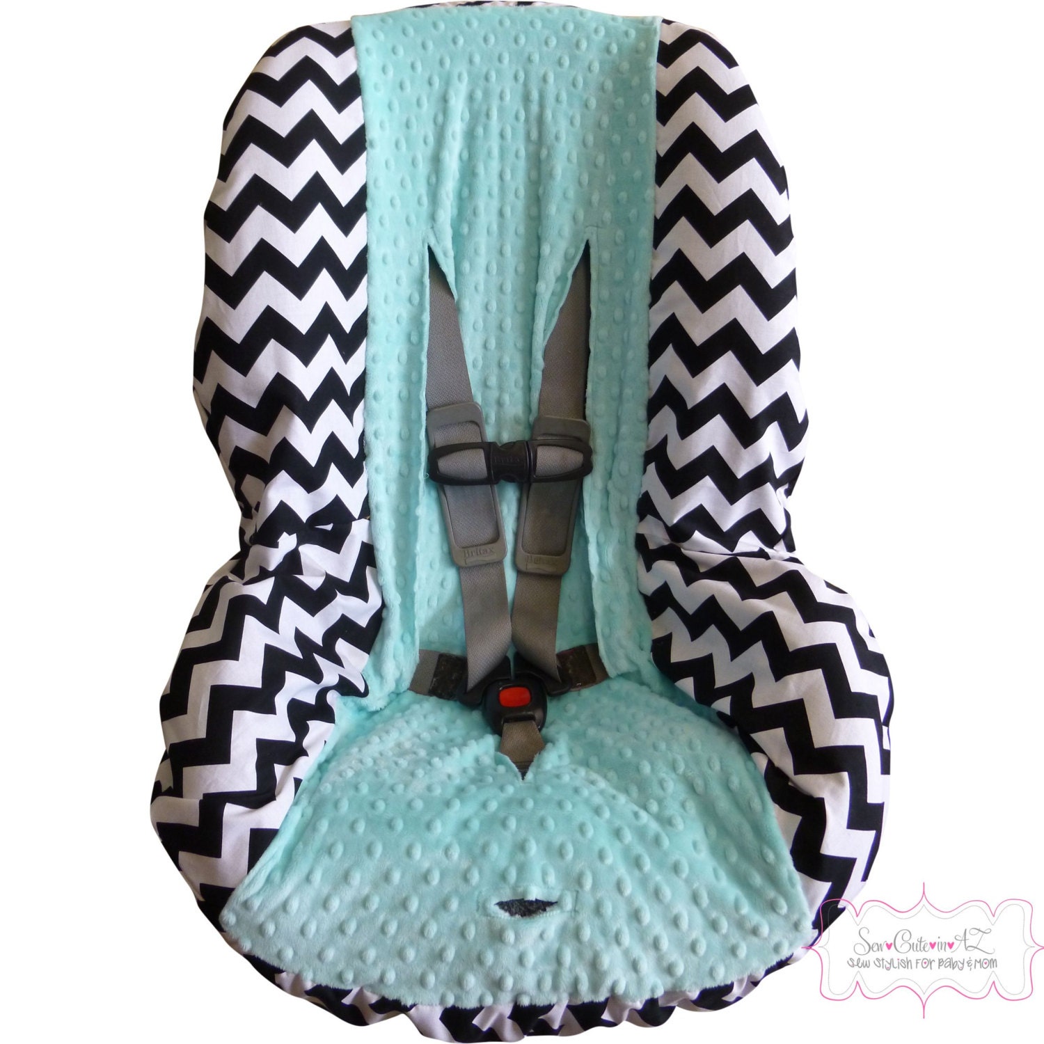 Car Seat Cover Black Chevron with Saltwater Blue