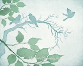 Blue Green Watercolor Tree Branches 8 x 10 Bird Print, Woodland Wildlife, Nature Wall Decor (200)