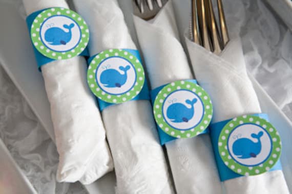 Whale Birthday Party - Napkin Rings - Silverware Wraps - Preppy Ocean Theme Party Decorations & Baby Shower Theme in Blue and Green (12) Il_570xn