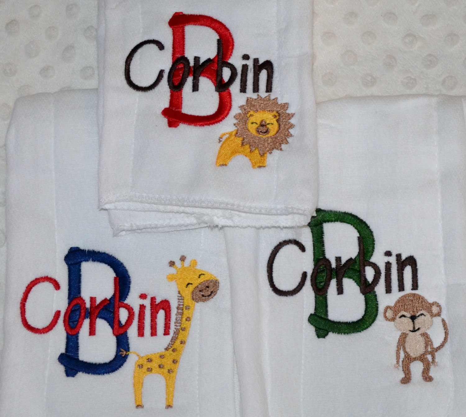 3 Personalized embroidered Baby Burp cloths lots of designs