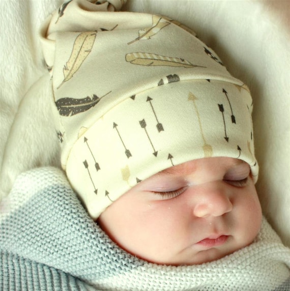 baby top knot hat greige/gray feathers and arrows.. organic cotton made to order