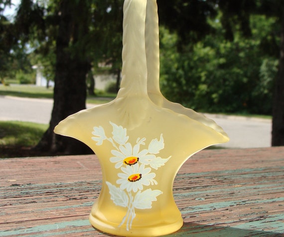 Vintage Westmoreland Glass Vase Basket Shaped Yellow Satin