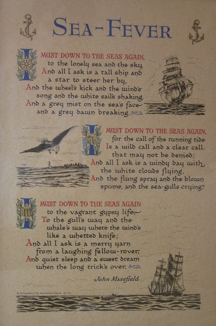 vintage Sea-Fever framed print poem by John Masefield.