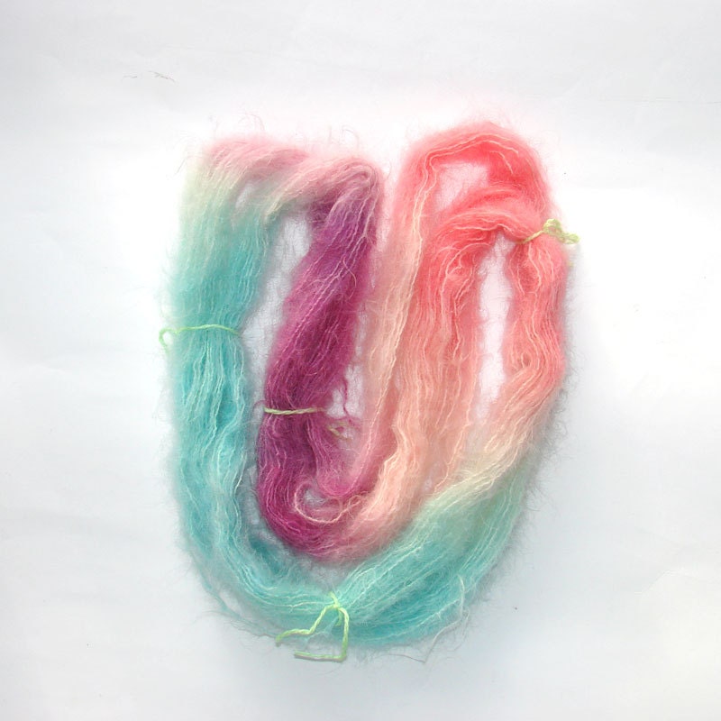 hand dyed Mohair Yarn 110 yards mint purple and pink