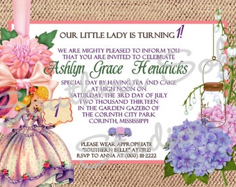 SOUTHERN BELLE girl birthday party invitations, hydrangea mason jar chandelier, burlap background, sweet tea party, printed set of 10