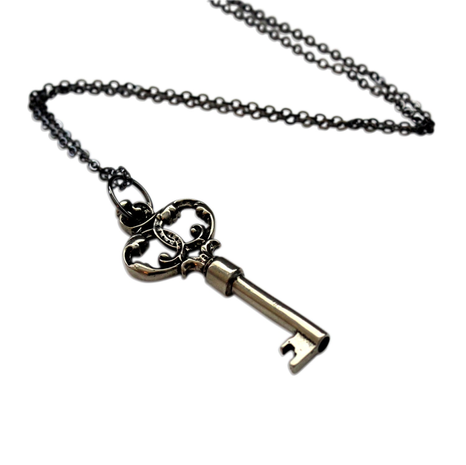 Skeleton Key Necklace Pendant Ornate White Bronze Victorian