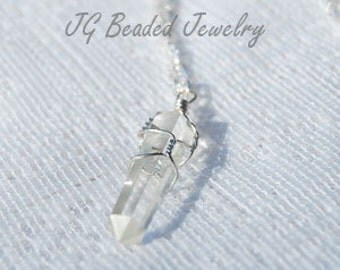 Clear Quartz Crystal Necklace, 18 Inch Raw Quartz Crystal Point Wire Wrapped Necklace, Gemstone Necklace, Healing Crystal