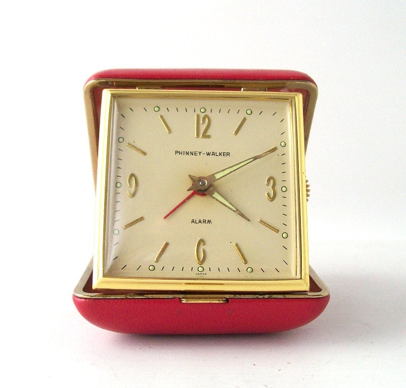 vintage travel alarm clock red case gold trim phinney walker