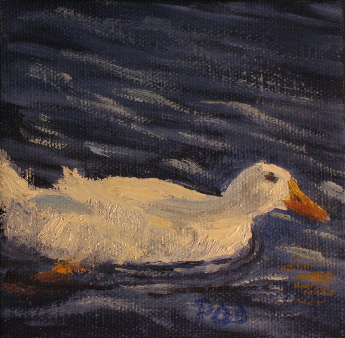 Oil painting of a white duck swimming at sunset