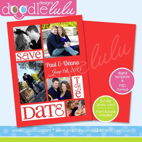 Printable Save The Date 5x7 / Red / Orange Pink Brown / Digital Photo Card Template (Photoshop) PSD from DOODLELULU by 2 june bugs Il_570xn