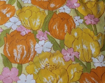 Vintage reclaimed Fabric bed sheet linen Fabric Big Bright tulips and blooms For Easter Spring sewing quilting apparel decor fabric 1 yd