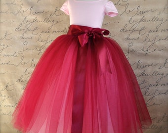 Burgundy Flower Girl tutu. Full length sewn tutu. Also in silver and black tulle skirt for girls.