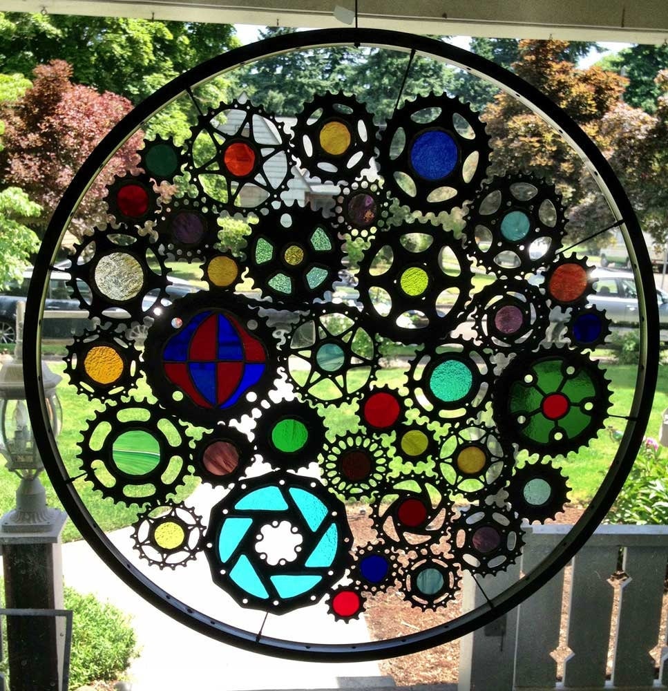 Stained glass bicycle wheel recycled bicycle art