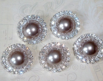 5 pcs - 20mm Silver Metal CHARCOAL Grey Pearl (no.46) Crystal Rhinestone Buttons Embellishments w/ shank - wedding / hair / Flower Center