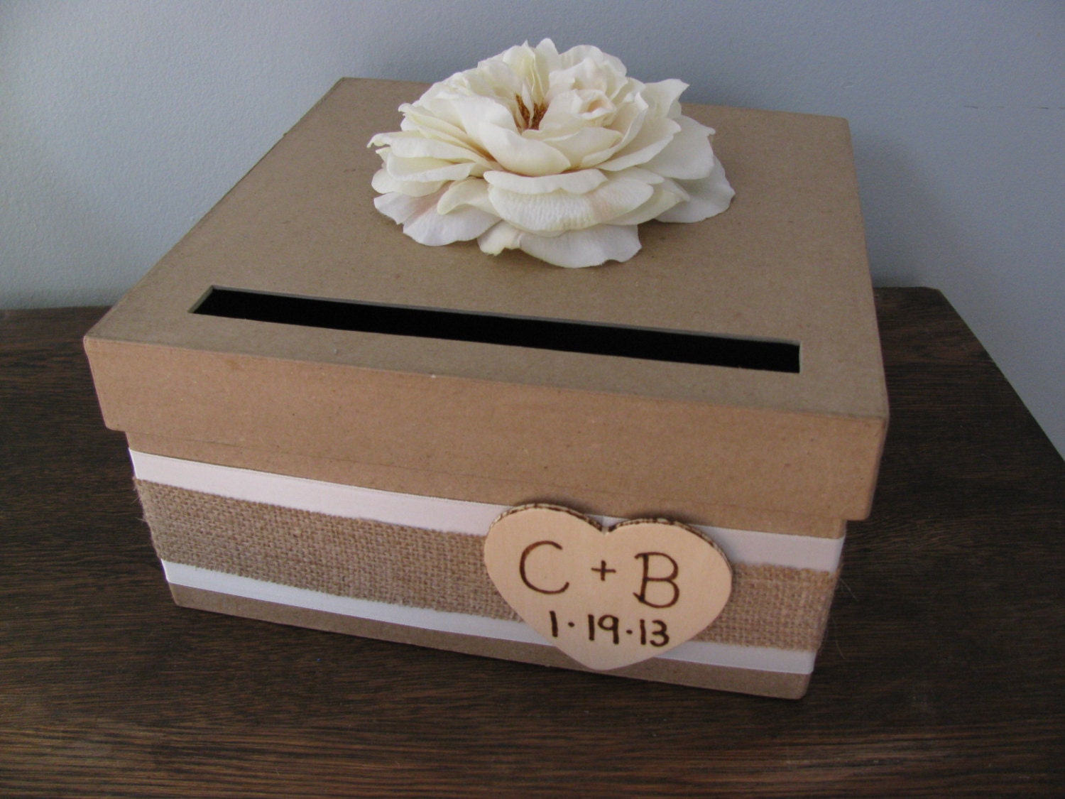 Rustic Wedding Card Box with Burlap Ivory Rose by