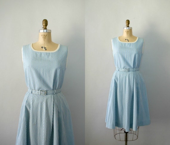 Vintage 1960s Dress Set Light Blue Seersucker Dress Set A
