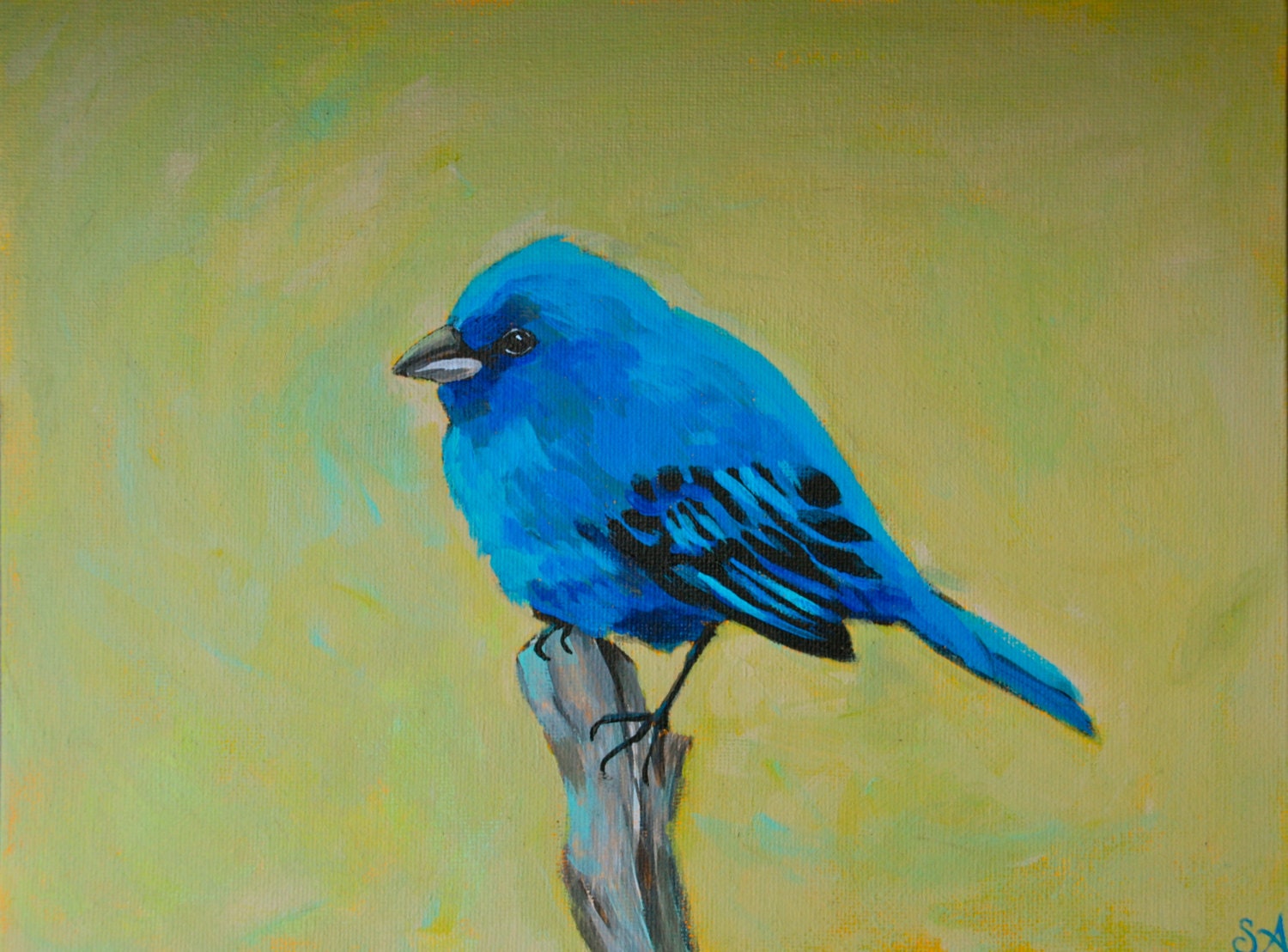 Indigo Bunting 9x12 original acrylic painting on canvas panel