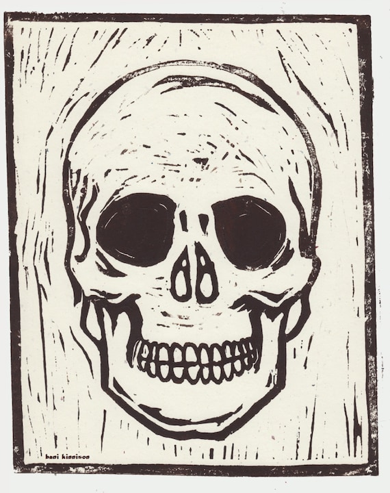 Items similar to Original Rustic Skull Linocut With a Very Vintage Feel
