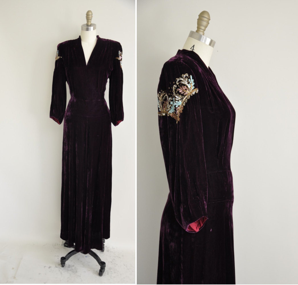 vintage 1940s dress / 40s burgundy velvet gown / 1940s sequin