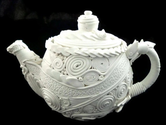 Teapot decorative art piece home decor white polymer clay