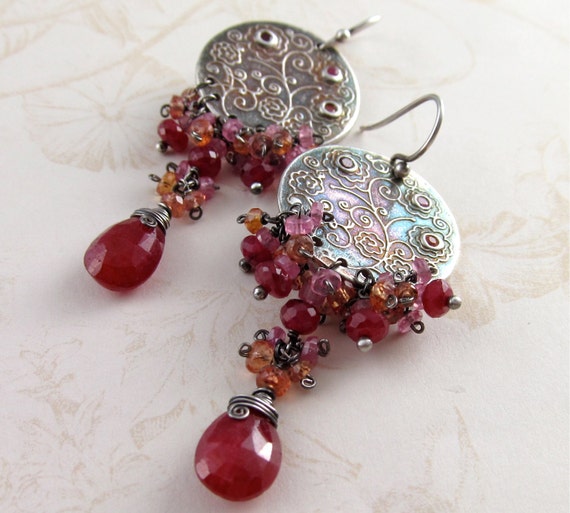 Ruby chandelier earrings with orange & pink sapphire OOAK