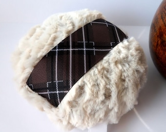 Body Powder Duster - creamy beige faux chinchilla and plaid - masculine - medium powder puff for Men - gift box option - by Bonny Bubbles