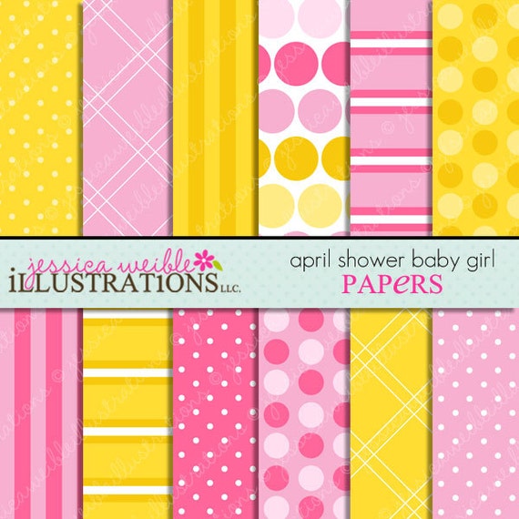 April Shower Baby Girl Cute Digital Papers Backgrounds for Invitations, Card Design, Scrapbooking, and Web Design Il_570xn