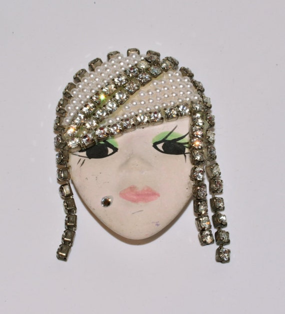 Vintage Lady Head Brooch Vintage Rhinestone Pin by Violasvintages