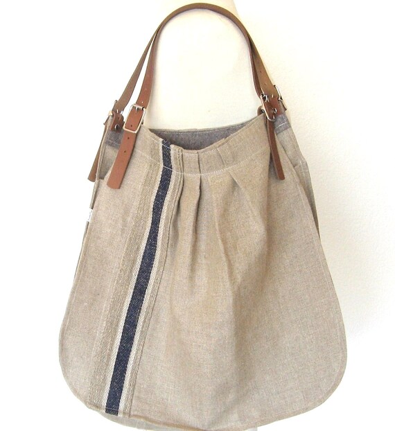 XL French Linen Bag blue striped Beach Bag Leather by Ecolution