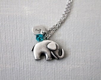 Personalized Initial Birthstones Elephant Necklace. baby elephant necklace. everydy simple style necklace