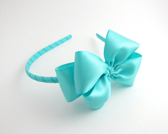 Aqua Blue Satin Bow Headband Tiffany Blue