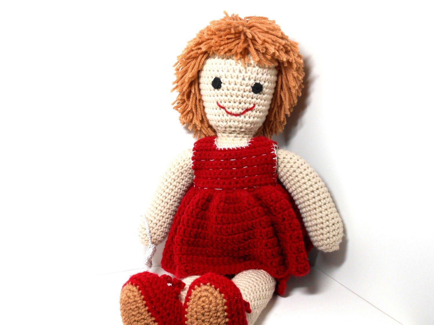 Crocheted Doll Shaggy Hair Doll Red Crocheted Dress