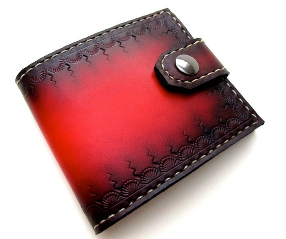 Mens Leather Wallet Red Tooled Bifold with Snap Custom Unique