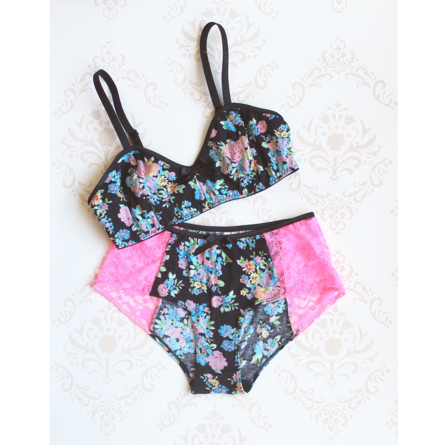Neon Lingerie Set 'Azalea' Bra and Panties Handmade to