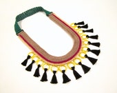 Tassels Statement Knitted Crocheted Yellow Plastic Rings Colors Fiber Handmade Necklace