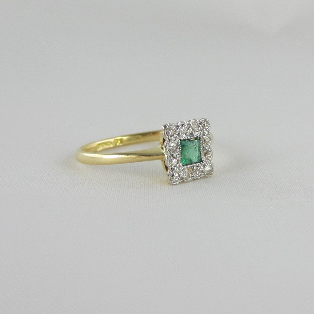 RESERVED. Antique Emerald and Diamond Halo Ring. Art Deco