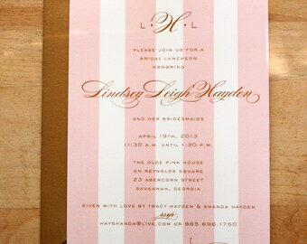 bridal luncheon, bridesmaids' luncheon OR wedding shower invitation - pink and gold / monogram & stripes