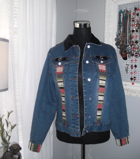 vintage DENIM jacket with velvet bows rhinestones