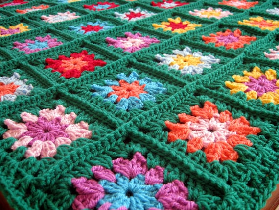 HAPPY Emerald Green Granny Square Crochet Blanket Nursery