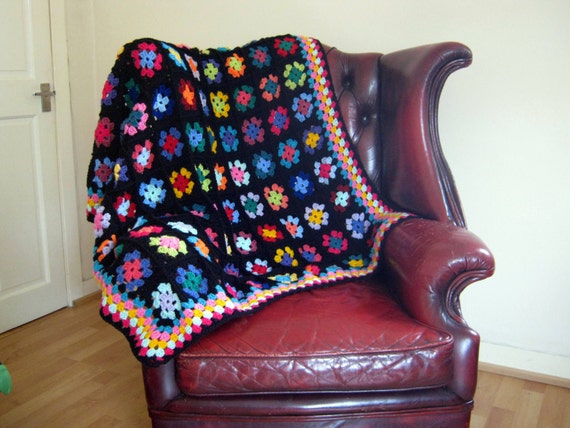 SALE Ava Classic Traditional Black Granny Square Crochet Blanket Afghan Throw