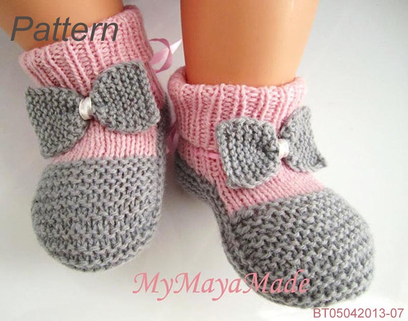 Knitting Pattern Gray Bow Pinky Baby Booties & Socks PDF