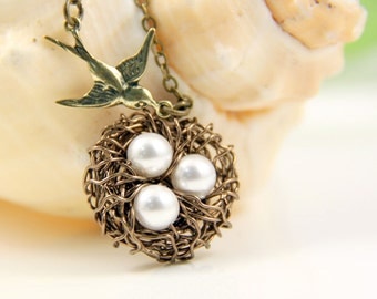 Flying home-Birds Nest Necklace-White Swarovski Pearls-Brass Swallow-Bridesmaid gift-Family Necklace-Love-Everyday Wear
