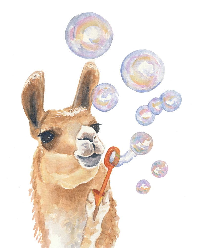 llama painting watercolor print bubbles llama by