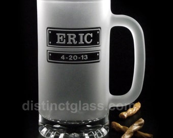 Gifts for Groomsman - FROSTED DOUBLE PLATE Etched Glass Beer Mugs - 16 oz Wedding Beer Mugs by Distinct Glass Studio
