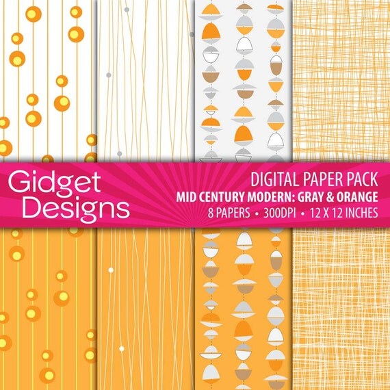 Items similar to Orange Digital Paper Pack Mid Century Modern Orange