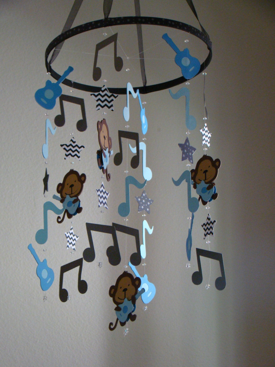 Rock Star Monkey Guitar Music Note Baby Mobile Blue Gray and