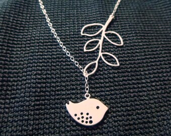 Bird Necklace - Branch Necklace - Lariat Jewelry - Bridesmaids Gift - Wedding - Everyday - Initial Necklace