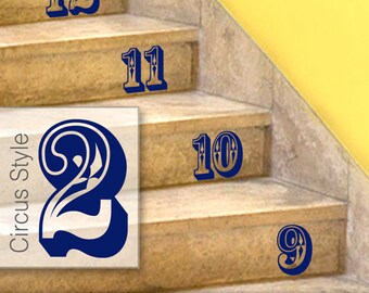Stairs Stickers, Circus Style Number Stickers - Stairs or Wall Decals, Numbers Home Decor, Baby Nursery, Shown in Navy (0172a74v-r2c3)